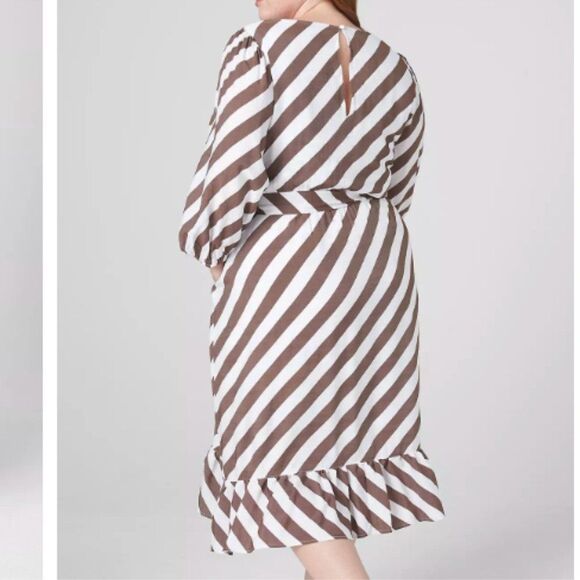 Lane Bryant Blouson-Sleeve Ruffle Hem Brown White Stripe Print Size 24 NEW - Picture 8 of 14